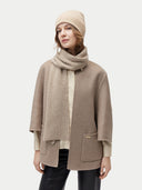 Unisex Organic Cashmere Rib Knit Beanie Beige  worn by model, front view on white background
