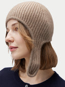 Unisex Cashmere Knitted Aviator Cap Taupe worn by model, side view on white background