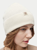 Unisex Cashmere Cashmere Rib Knit Beanie White  worn by model, detail view on white background