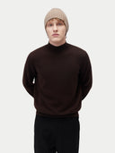 Unisex Organic Cashmere Rib Knit Hat Taupe worn by model, front view on white background