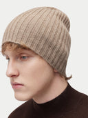 Unisex Organic Cashmere Rib Knit Hat Taupe worn by model, detail view on white background