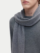 Unisex Cashmere Jersey Knit Scarf Dim Gray worn by model, detail view on white background