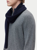 Unisex Cashmere Fisherman Knit Scarf Navy Blazer worn by model, detail view on white background