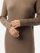 Women's  Seamless Turtleneck Cashmere Dress Taupe worn by model detail view on white background