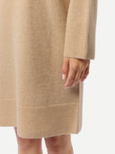 Women's Seamless Crewneck Cashmere Dress Beige worn by model detail view on white background