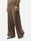 Women's Wide-Leg Cashmere Pants Taupe  worn by model, detail
 view on white background