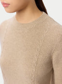 Women's Cropped Crewneck Cashmere Sweater Warm Grey worn by model, detail view on white background