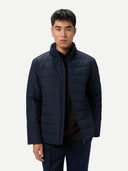 Men's CashmereTECH Jacket Navy Blazer worn by model, detail view on white background