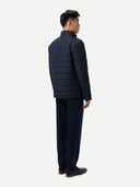 Men's CashmereTECH Jacket Navy Blazer worn by model, back view on white background