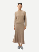 Women's Calf-Length Cashmere Skirt Warm Grey worn by model, front view on white background