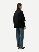 Women's Patch Pocket Cashmere Poncho Jacket Dark Navy worn by model back view on white background