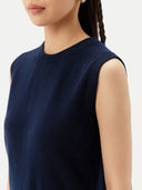 Women's Cashmere Crewneck Vest Navy   worn by model detail view on white backround