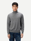 Men's Dim Gray Turtleneck Cashmere Sweater worn by model, detail view on white background