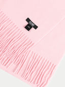 Unisex Cashmere Fringed Scarf Almond Blossom worn by model, detail view on white background