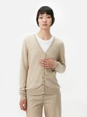 Women's Warm Grey Cashmere V-neck Button Cardigan worn by model, detail view on white background