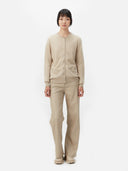 Women's Warm Grey Cashmere Crew Neck Cardigan worn by model, front view on white background