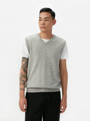 Men's Grey  Cashmere Vest worn by model, detail view on white background