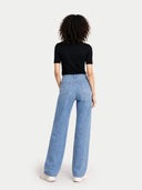 Women's Cashmere Silk Shirt with High Neck Black worn by model, back view on white background