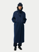 Unisex Cashmere Trench Coat Navy Blazer worn by model front view on white background