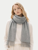 Cashmere Fringed Scarf Dim Gray  worn by model, detail view on white background