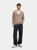 Men's Taupe Cashmere V-neck Cardigan worn by model,front view on white background