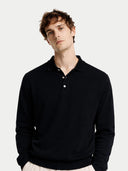 Men's Black Cashmere Polo Sweater worn by model, detail view on white background