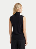 Women's Black Cashmere Silk High-Neck Top worn by model, back view on white background
