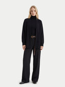 Women's Black Cashmere Open-Front Cardigan worn by model, front view on white background
