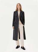 Women's Cashmere Peak Lapel Long Coat Charcoal worn by model front view on white background