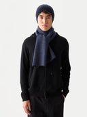 Cashmere Reversible Scarf Navy Blazer worn by model, detail view on white background