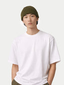 Unisex Beanie Avocado worn by model detail view on white background