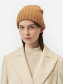 Unisex Cashmere Basic Beanie Almond worn by model, detail view on white background