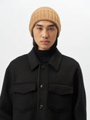 Unisex Cashmere Basic Beanie Almond worn by model, detail view on white background
