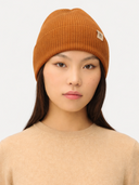 Bone Brown Cashmere Rib Knit Beanie  worn by model, front view on white background