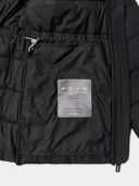 Black puffer jacket with a label on a white background