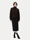 Women's Black Cashmere Cashmere Tailored Skirt worn by model, front view on white background