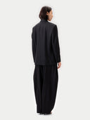 Women's  Black Double-Breasted Cashmere Suit Blazer  worn by model, back view on white background
