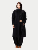 Oval-Sleeve Cashmere Coat Black worn by model, detail view, on white background