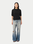 Women's Cashmere Elbow-Length Sleeve Cashmere Sweater Black worn by model, front view on white background