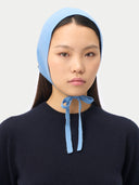 Azure Blue Cashmere Bonnet For Woman worn by model front view on white background