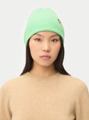 Green Ash Cashmere Rib Knit Beanie  worn by model, front view on white background
