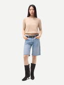 Women's Cashmere Elbow-Length Sleeve Cashmere Sweater Beige worn by model, front view on white background