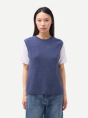 Ajour Knit Crewneck Cashmere Vest Crown Blue worn by model, detail view on white backround