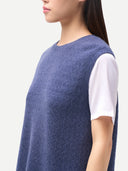 Ajour Knit Crewneck Cashmere Vest Crown Blue  worn by model, detail view on white backround