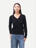 Timeless Cashmere V-Neck Sweater Black  worn by model, detail view, on white background