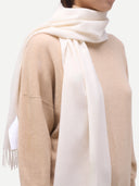 Cashmere Woven Scarf White worn by model, detail view on white background