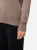 Women's T-Neck Organic Colour Cashmere Sweater Taupe worn by model, detail view on white background