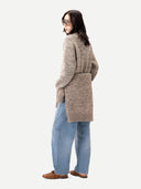 Unisex Mouline Cashmere Sweater Oxford Tan worn by model, back view on white background