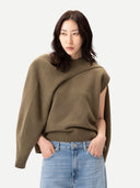 Oval-Sleeve Cropped Cashmere Sweater Burgundy worn by model, detail view, on white background