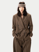Women's  Sepia Double-Breasted Cashmere Suit Blazer  worn by model, detail view on white background